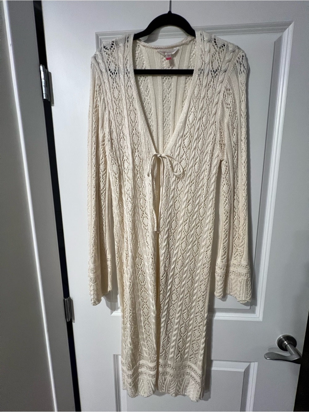 No Boundaries Cream Openwork Crochet Longline Cardigan with Tie